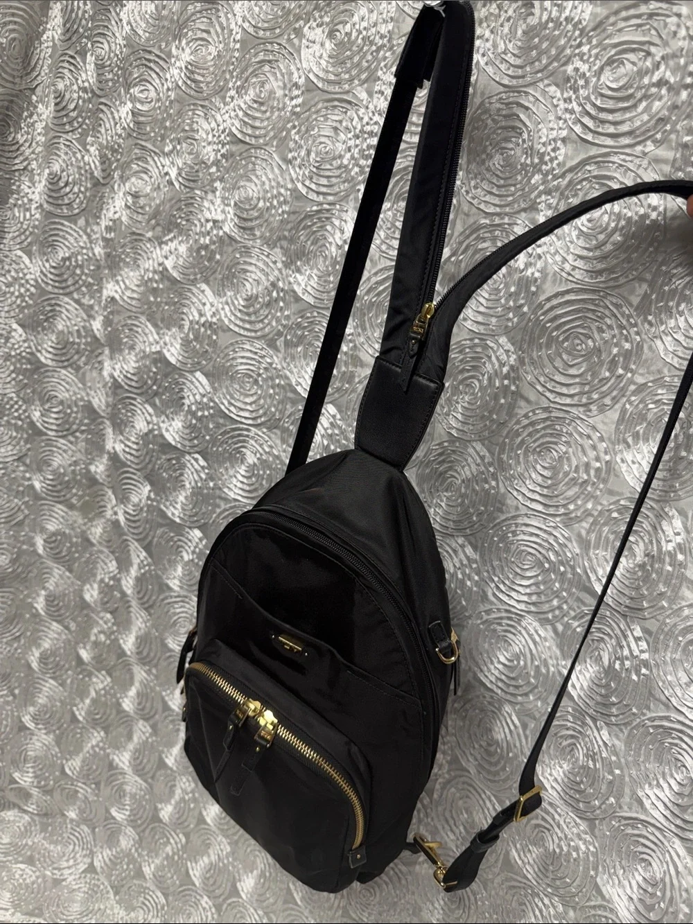 Tumi Black Nylon Backpack with Gold Hardware